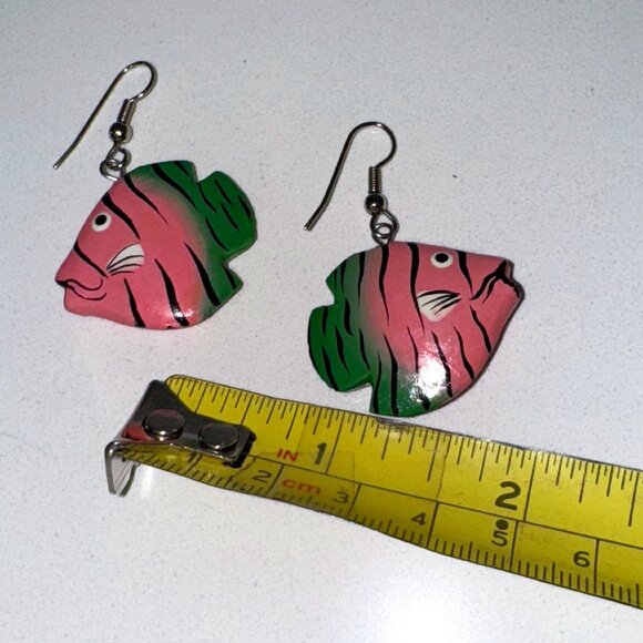 Novelty Wood Pink Fish Pierced Earrings Dangling Hook - Picture 2 of 3
